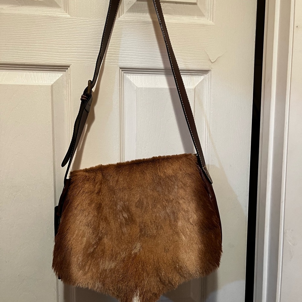 Wilsons Leather Brown deer Fur Shoulder Bag with Adjustable Strap